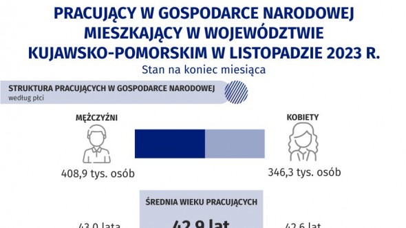 Pracujący w gospodarce narodowej mieszkający w województwie kujawsko-pomorskim w 2023 r. (stan na 30 listopada) - interaktywna infografika
